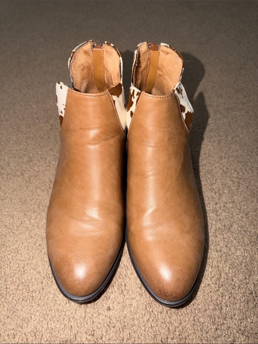 Pierre Dumas Tan Ankle Boots with White & Brown Cowhide Accent